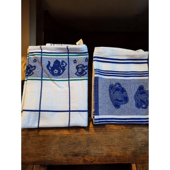 Set of 2 Tea Towel Dish Cloth Blue and White Teapots, Cups Northpoint Cotton - Picture 1 of 7